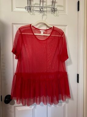 H&M Red Mesh Blouse with Tiered Flow